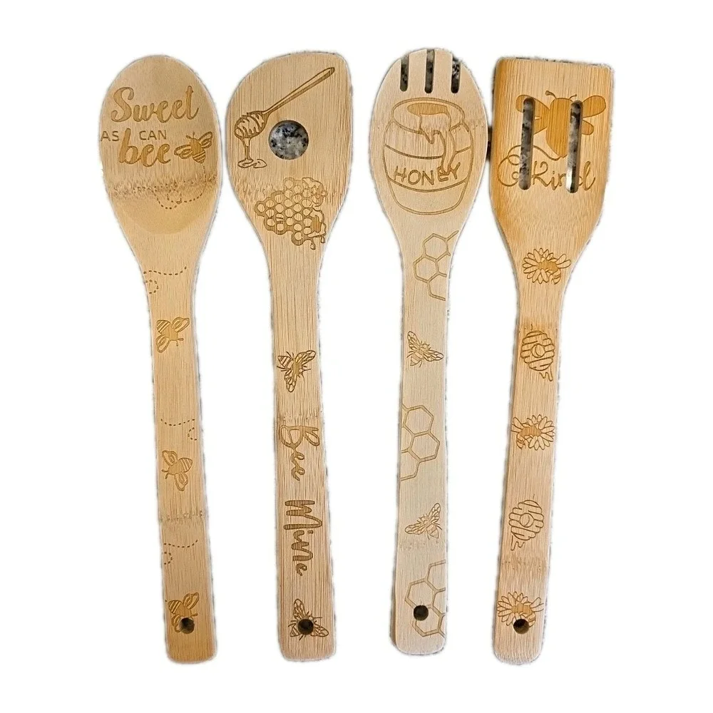 4pc‎ Honey Bee Bamboo Wooden Spoon Set Kitchen Utensils & Dish Towel